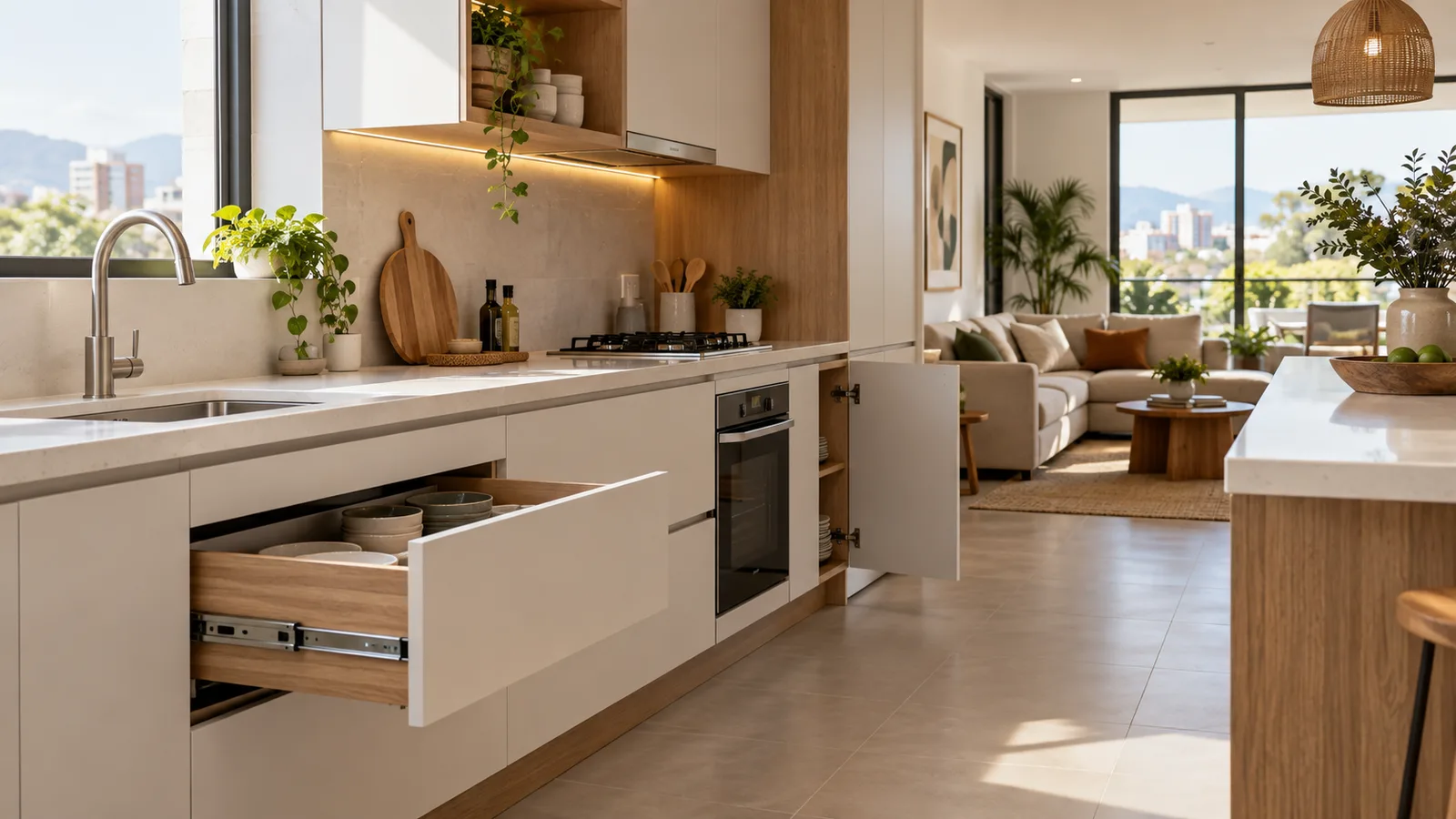 Renovated kitchen with custom cabinets in matte white with warm oak accents