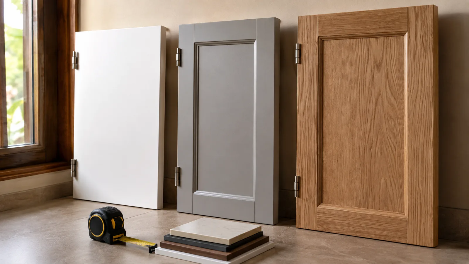 Comparación de tres puertas de gabinete — blanca, gris y roble — con muestras de materiales y cinta métrica