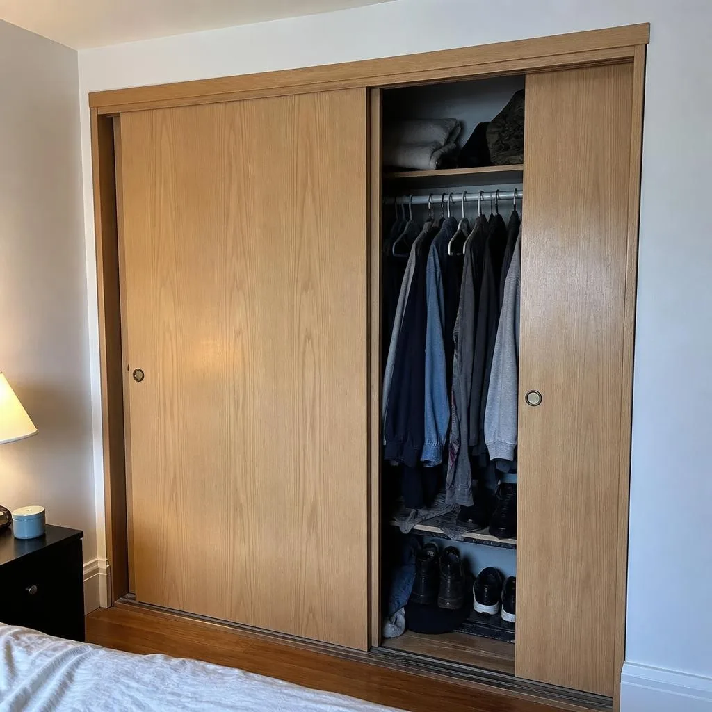Closet empotrado de pared a pared con puertas corredizas de madera