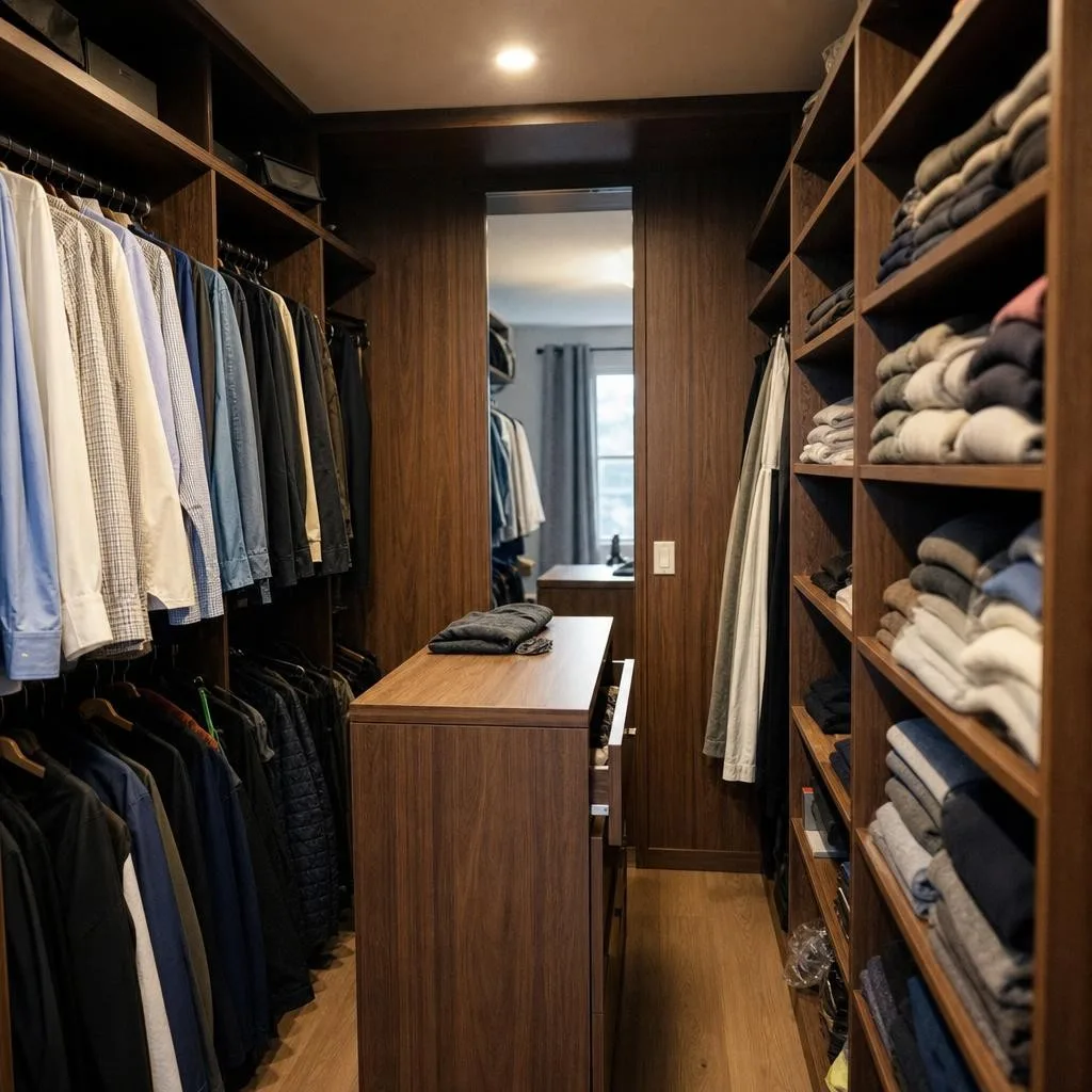 Walk-in closet con zonas de colgado, estantería abierta y cajonería en isla central