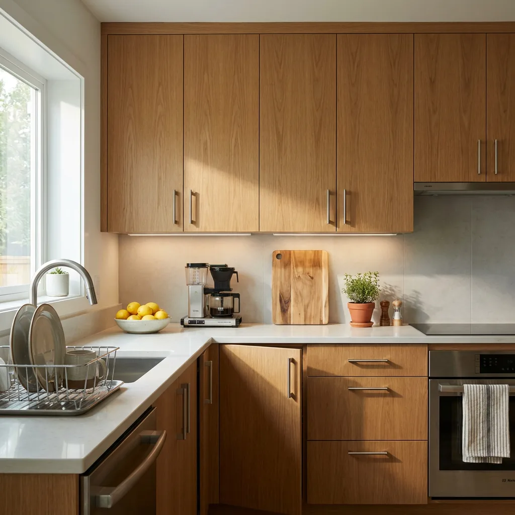 Cocina integral a medida con gabinetes superiores e inferiores en tono madera