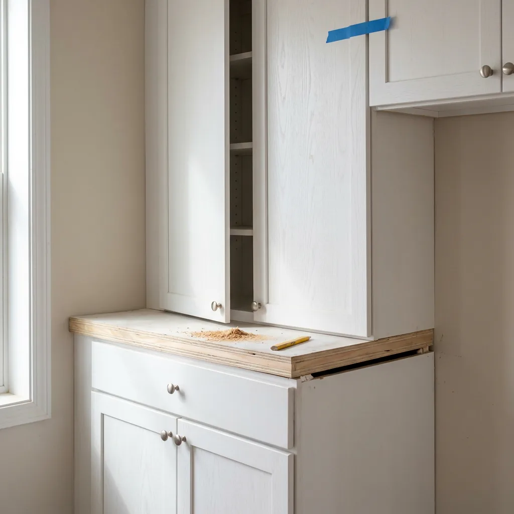 Gabinetes de cocina blancos recién instalados, con puerta abierta mostrando repisas