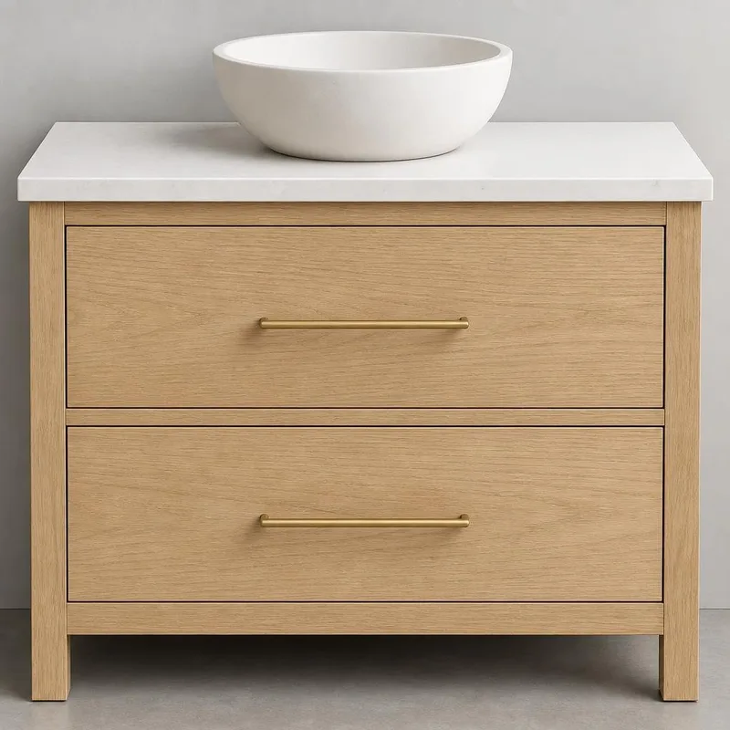 Detalle de vanity con lavamanos sobrepuesto y cajonería
