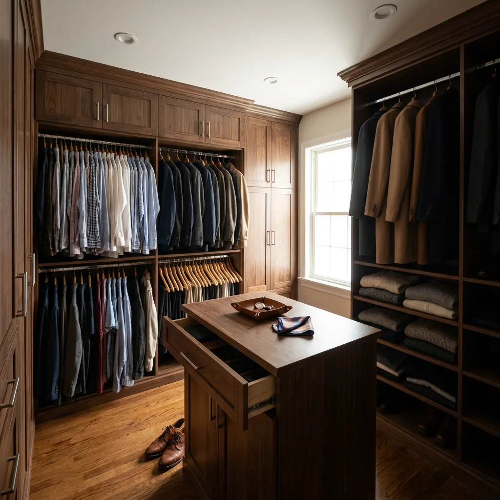 Finished walk-in closet with double-hang, open shelving and a center island with drawers