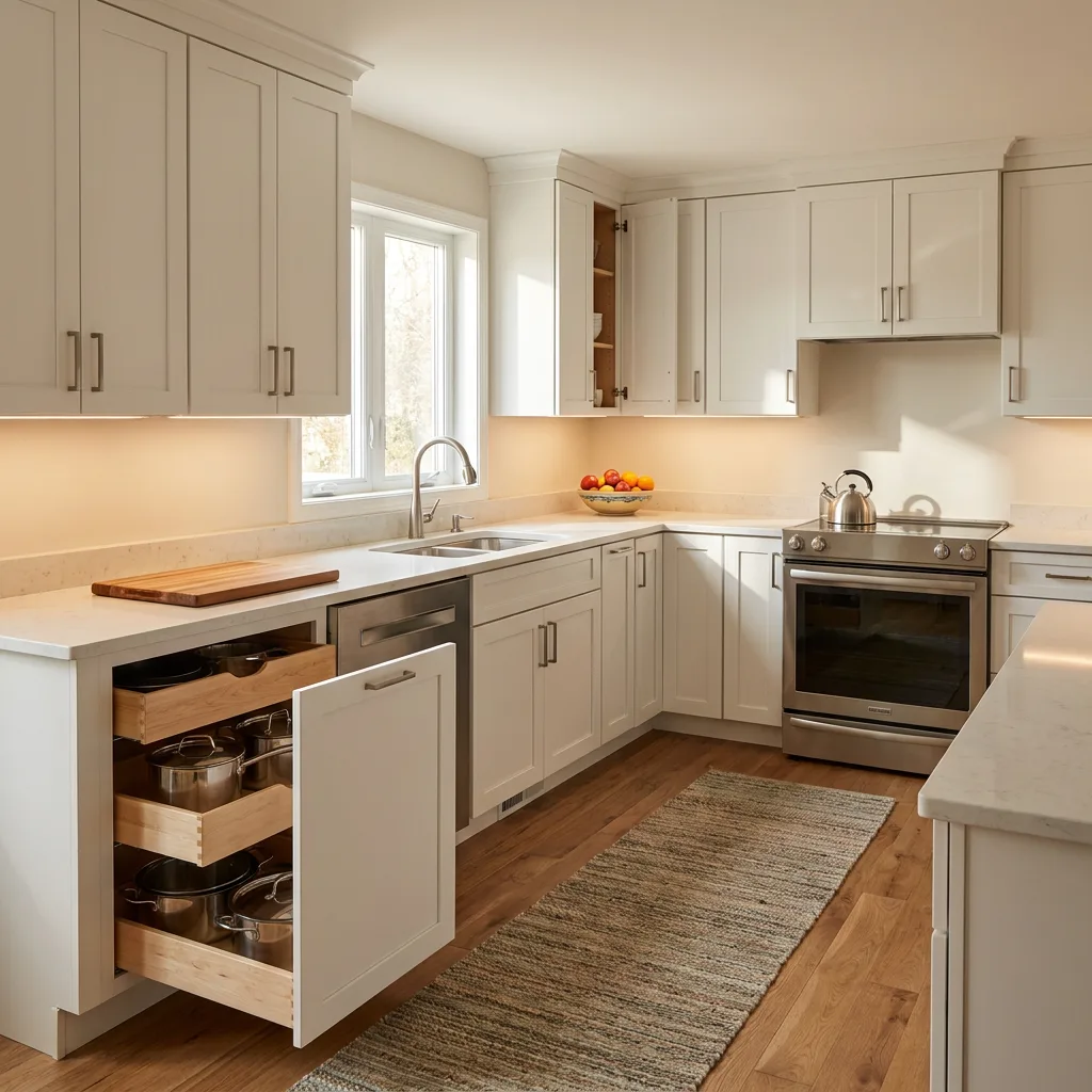 Finished integrated kitchen with white cabinets and a pull-out drawer with pots