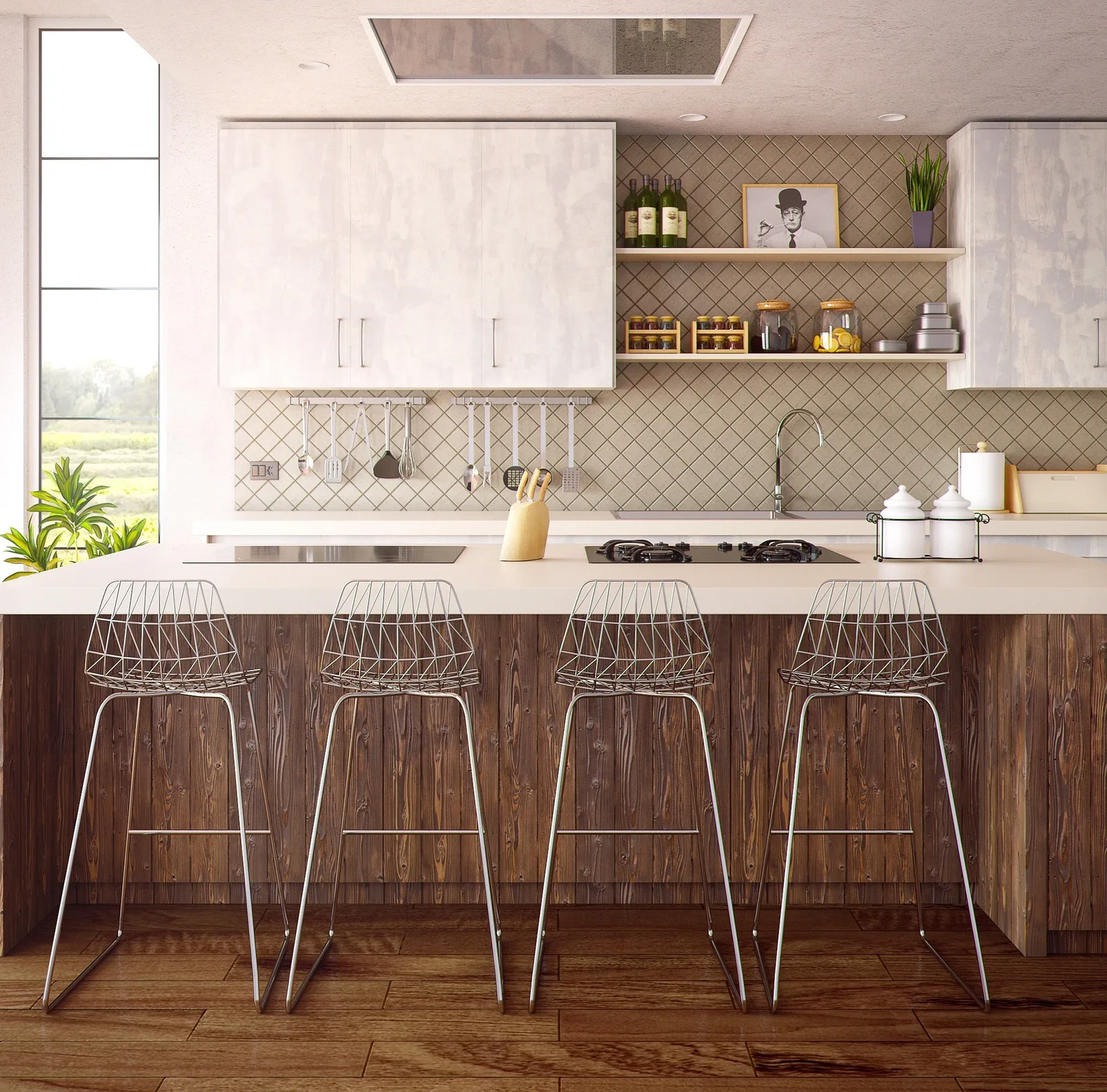 Modern kitchen with a wood-paneled island and bar stools