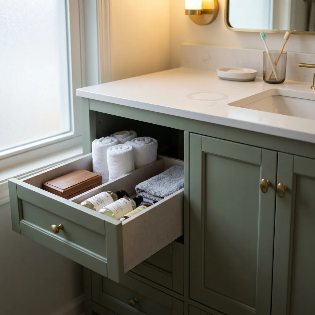 Custom bathroom cabinet with an open drawer showing organized towels and toiletries